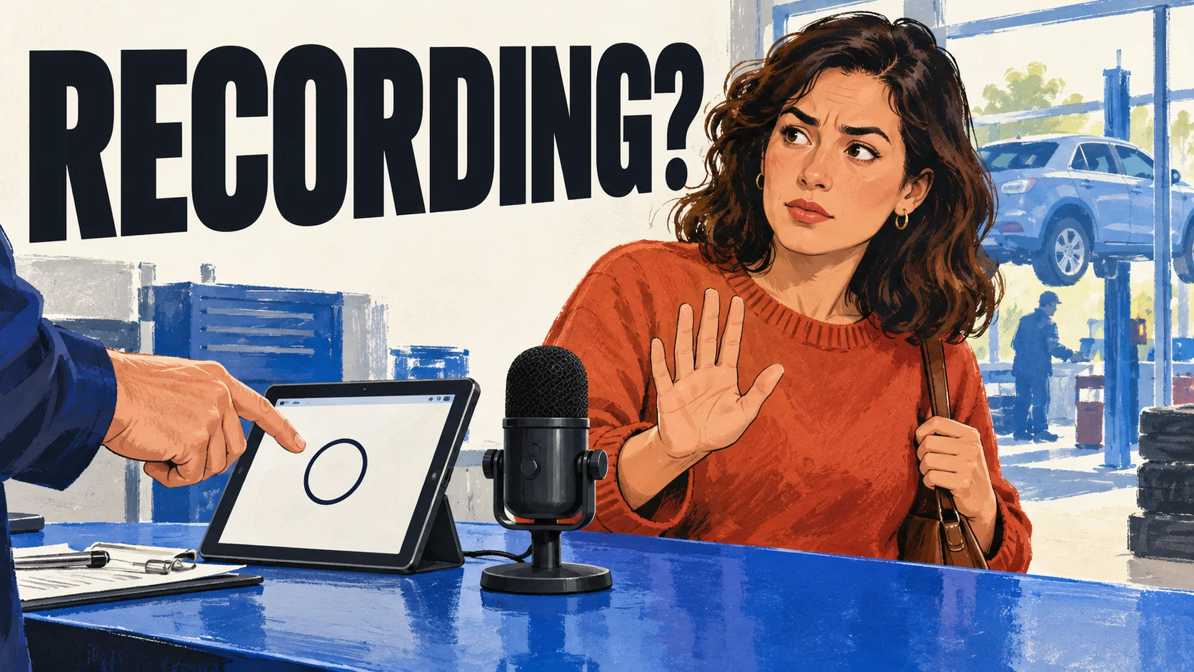 A customer pauses an advisor before a microphone is switched on. Cover text: Recording?