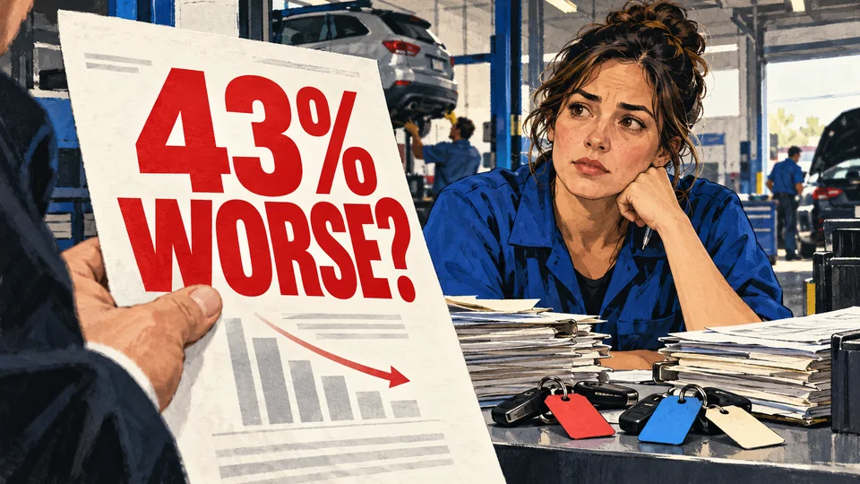 An advisor behind stacks of service orders looks at a report asking “43% worse?”